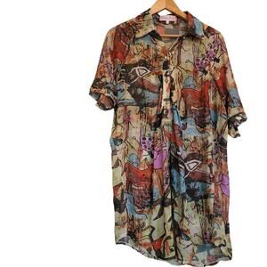 Pretty Angel Women's Sheer Top Size M/L Multicolor Silk Short Sleeves Collared